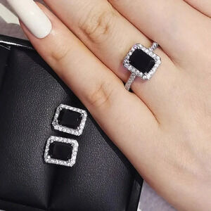 925 Sterling Silver Black Sapphire Diamond Cushion Cut Earring & Ring Set